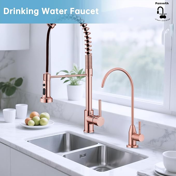 Drinking Water Faucet, Red Copper RO Faucet SUS 304 Stainless Steel for Under Sink Water Filter System Reverse Osmosis Non-Air Gap for Kitchen