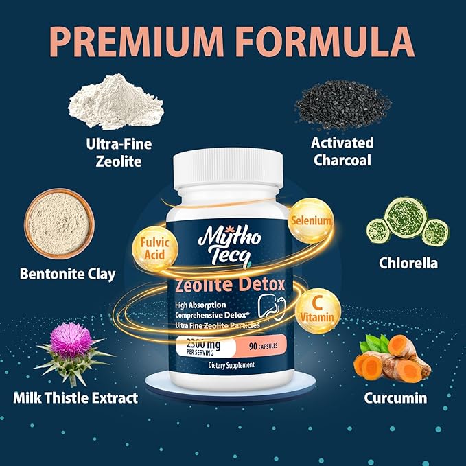 2300 MG Zeolite Detox Capsules - Activated Charcoal & Bentonite Clay, Highly Absorbable Full Body, Liver & Gut Cleanse, Zeolite Clinoptilolite（180 Capsules）