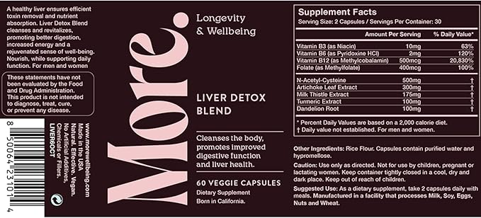 More. Longevity & Wellbeing Liver Support & Cleanse – Potent Extract-Based Formula with Antioxidants and Amino Acids – Liver Health & Digestive Balance – 60 Capsules (Made in USA)