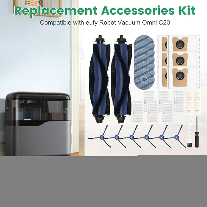 34 Pack for eufy Vacuum Omni C20 Accessories Kit，2 Mainbrush 6 Filter 6 Dust Bag 6 mop pads 6 Sidebrush 1Cleaning Brush 1Screwdriver,6 Sachet