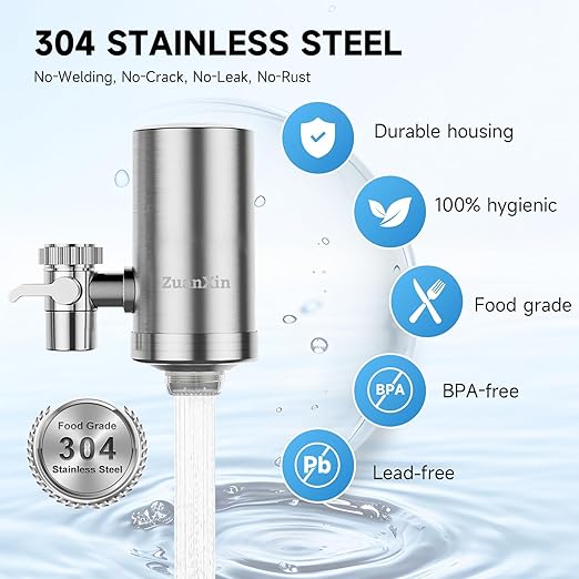 Stainless Steel Water Filter for Sink Faucet, Water Purifier for Kitchen Sink, Reduces PFAS, Lead, Chlorine & Microplastics, 350 Gallons Long-Lasting for Kitchen & Bathroom, 2 Filters