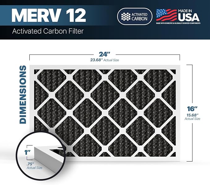 BNX TruFilter 16x24x1 MERV 12 Odor Defense (4-Pack) AC Furnace Air Filter with Activated Carbon - MADE IN USA - Pleated Air Conditioner HVAC AC Furnace Filters - Removes Odor, Mold, Bacteria, Smoke