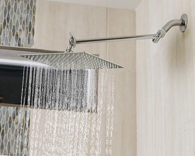HarJue High Pressure Large Stainless Steel Square Rain ShowerHead With Shower Arm Waterfall Full Body Coverage Easy to Clean and Install (12 Inch With Arm, Chrome Finish)