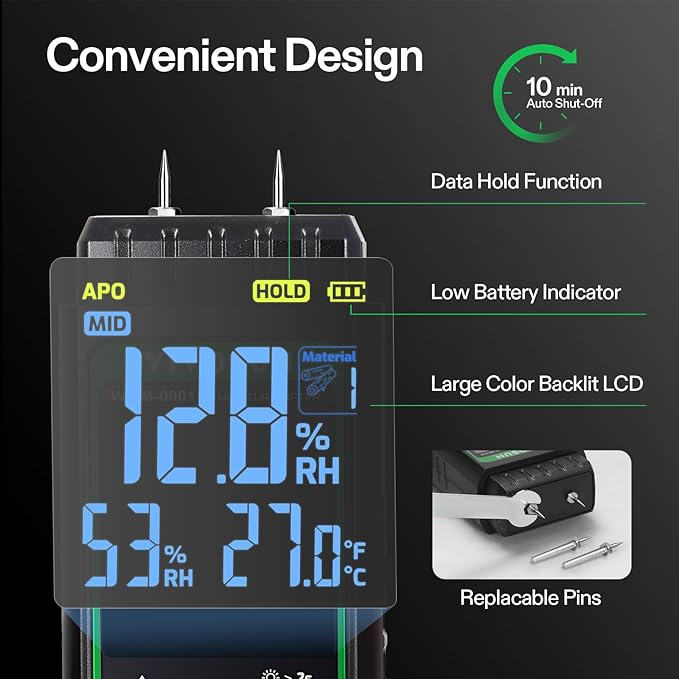 VIVOSUN Wood Moisture Meter, 3-In-1 Pin-Type Digital Moisture Tester, Ambient Temp & Humidity Tester, 7 Modes, Color Backlit Screen, for Wood, Walls, Bricks, Dried Flowers
