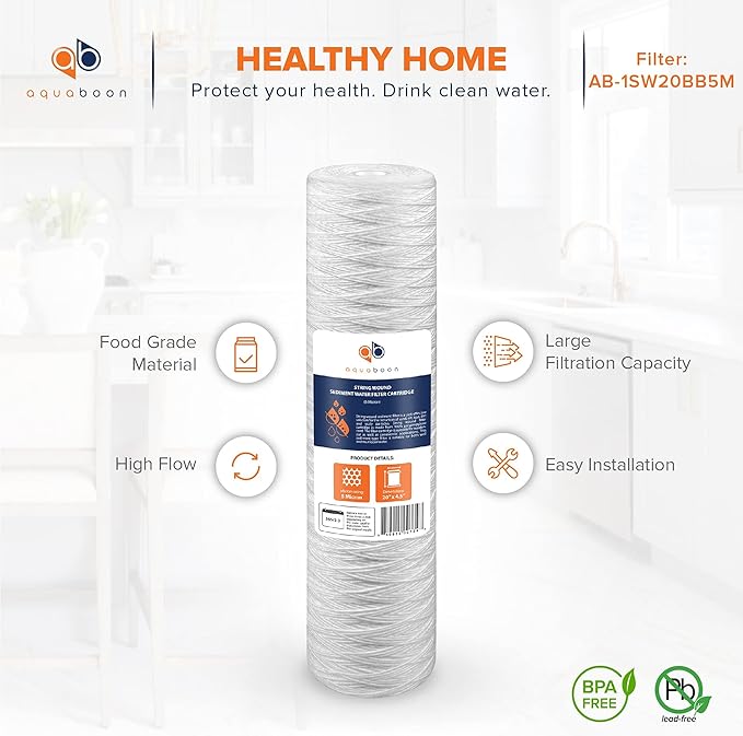 Aquaboon 5 Micron 20 x 4.5 Whole House String Wound Water Filter Replacement Cartridge for Well Water Filtration Compatible with WP5BB20P, 4-Pack