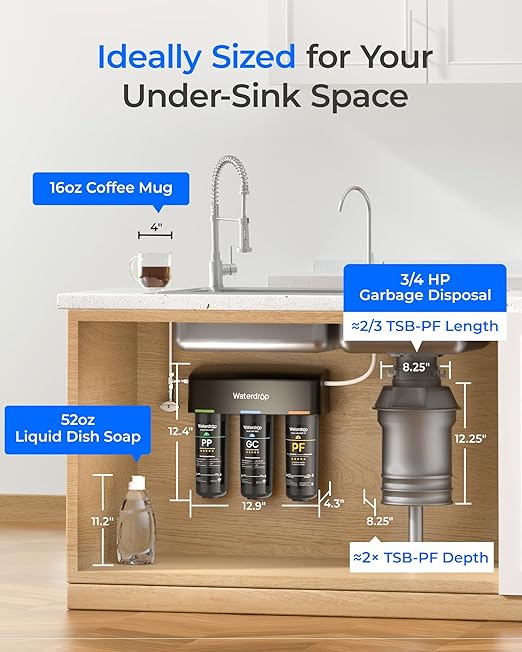 Waterdrop TSB-PF Under Sink Water Filter, 𝐑𝐞𝐝𝐮𝐜𝐞𝐬 𝟖𝟎+ 𝐈𝐦𝐩𝐮𝐫𝐢𝐭𝐢𝐞𝐬-Chlorine, Chloramine, Fluoride, PFAS, Taste&Odor, 9 Layer Under Sink Water Filtration System,with A Separate Faucet