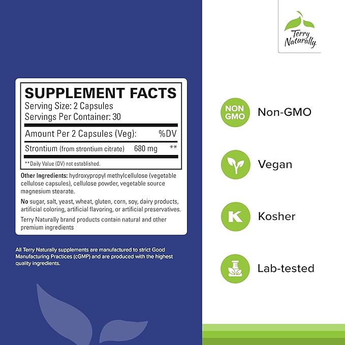 Terry Naturally Strontium - Bone Health & Strength Support - Supplement with Vegan Capsules - Health Supplement with Strontium Citrate for Superior Absorption - 60 Capsules