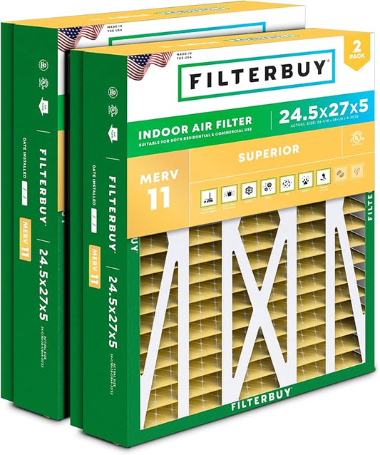 Filterbuy 24.5x27x5 Air Filter MERV 11 Allergen Defense (2-Pack), Pleated HVAC AC Furnace Air Filters for Trane, American Standard, Honeywell, & Accumulair (Actual Size: 24.06 x 26.13 x 4.97 Inches)