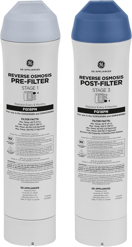 GE Pre & Post Filter Set Compatible with Select GE Under Sink Filtration Systems Including GXRQ18NBN, GNRQ18NBN, GXRV40TBN, Replace Every 6 Months, FQ18PN