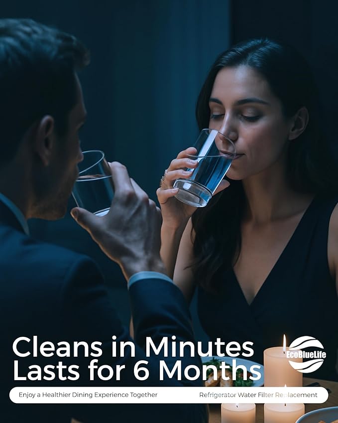 EcoBlueLife Refrigerator Water Filter Replacement using Renewable Activated Carbon. Easy Install Fridge Filter Replacement. Filters up to 300 Gallons of water, 6 Months of Purified Water