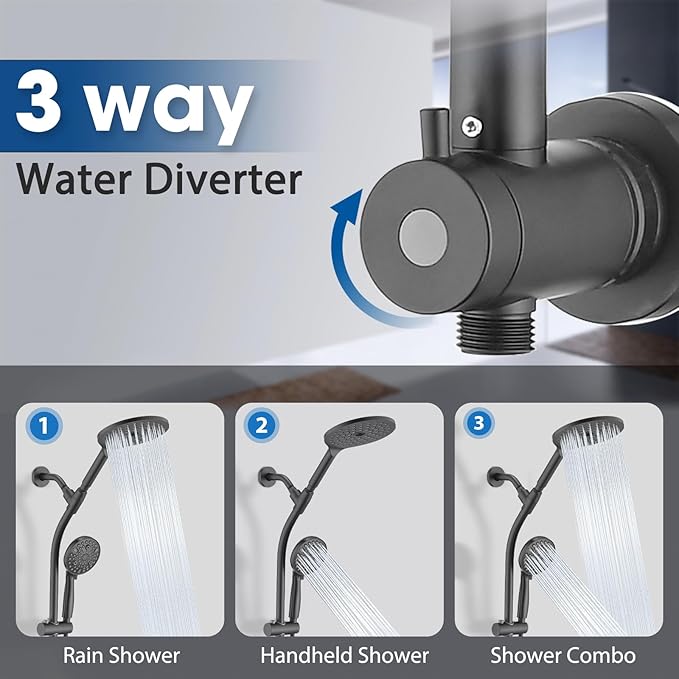 High Pressure Shower Head with Handheld Shower, 26" Adjustable Height Drill-Free Slide Bar, 3-Way Diverter for Easy Reach, Dual Shower Head Combo Set with 5ft Hose - Matte Black