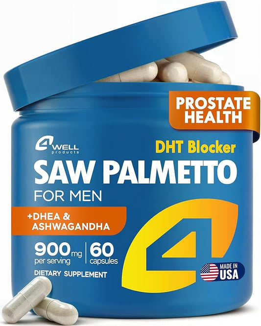 Improved Complex Saw Palmetto for Men & Prostate Health Supplements for Men - Advanced Formula Saw Palmetto Extract w/ DHEA & Ashwagandha 900mg - DHT Blocker for Hair Support - Prostate Supplements