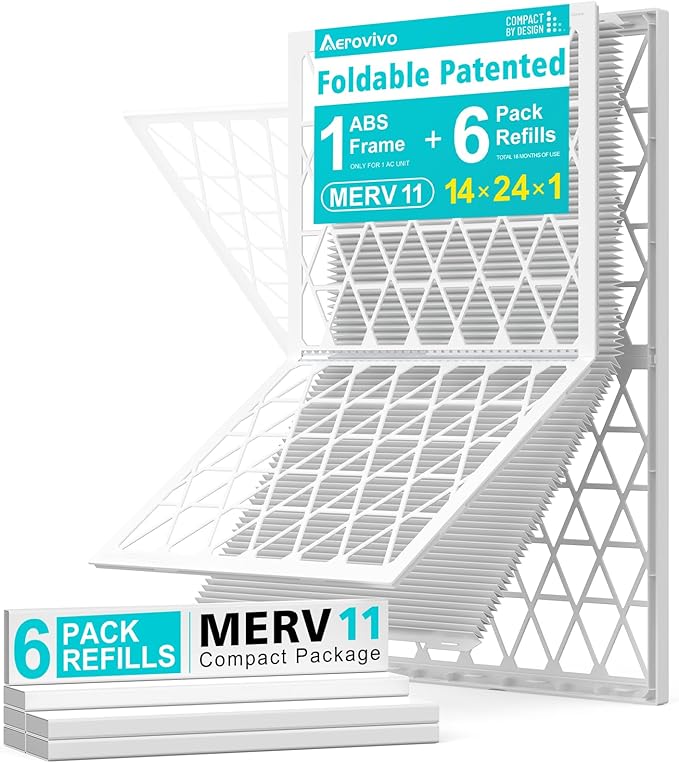 14x24x1 Refillable Air Filter Kit, MERV 11, 1 Reusable Foldable Frame ＆ 6 Refills, Fits Most AC HVAC Furnace Devices, Actual Size 13.75x23.75x0.75in