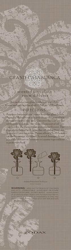 Zodax Grand Casablanca Porcelain Oil Diffuser - Home Fragrance Oil Diffuser Ideal for Living Room, Bathroom, Office - Flower Design - Gift Box Packaging Included - Tahitian Gardenia - 6.76 Oz.