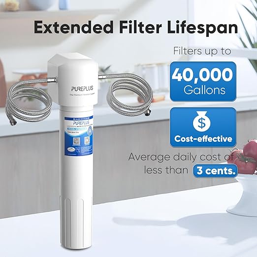 PUREPLUS Under Sink Water Filter, 40,000 Gallons Capacity, 99.99% Chlorine Reduction, NSF/ANSI 42 Certified, Removes Heavy Metals and Chlorine, Direct Connect Under Counter Water Filtration System