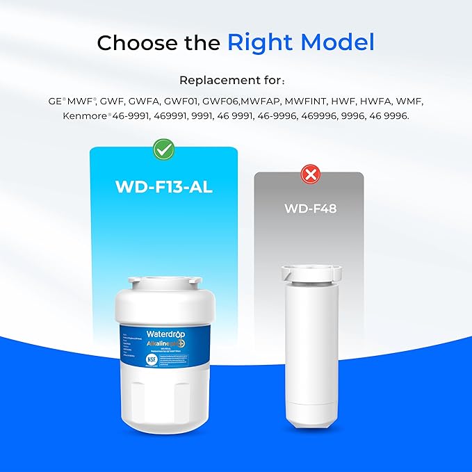Waterdrop 𝐀𝐥𝐤𝐚𝐥𝐢𝐧𝐞 WD-F13 Replacement for GE® MWF®, SmartWater® MWFP, MWFINT, MWFA, GWF, HDX FMG-1, GSE25GSHECSS, WFC1201, RWF1060, 𝐄𝐧𝐡𝐚𝐧𝐜𝐞𝐬 𝐩𝐇 Refrigerator Water Filter