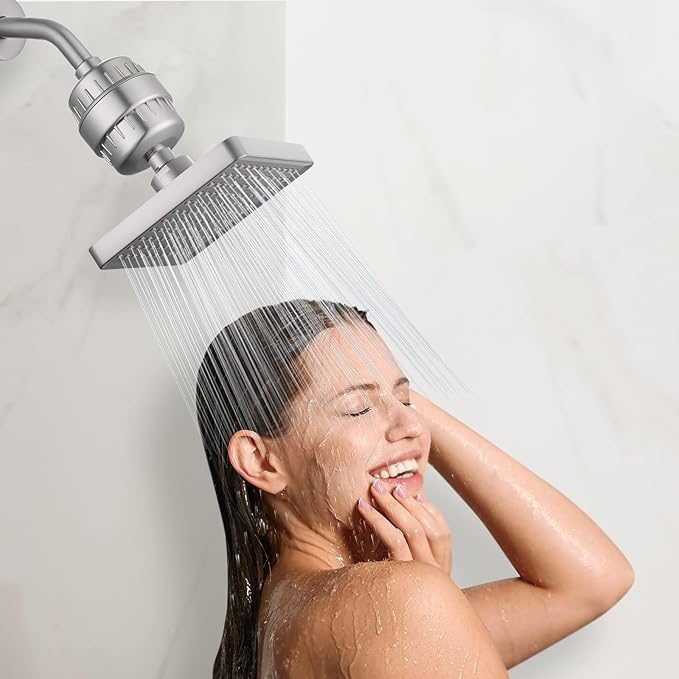 High Pressure Filtered Shower Head Set, 6’’ Rain Shower Filter for Hard Water, Universal Square Showerhead 20 Stage Filtration Removes Impurities for Rejuvenated Skin by Eolax, Brushed Nickel