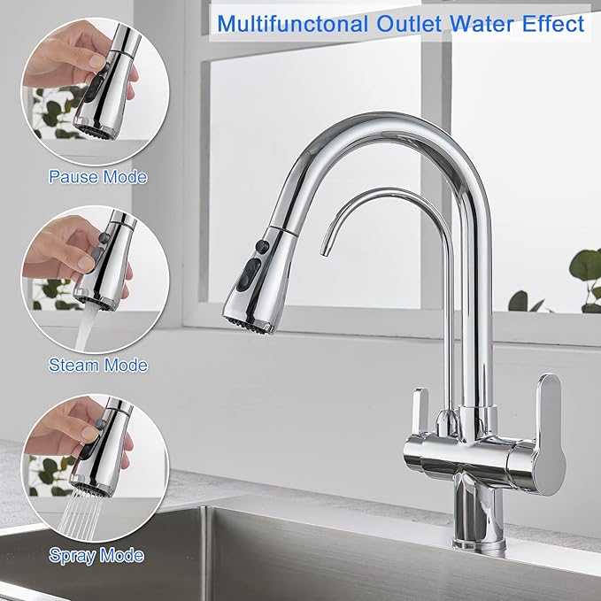 3 in 1 Kitchen Faucet with Drinking Water Faucet, 2 Handle Pull Down Kitchen Sink Faucet Water Filter Purifier Faucets (Chrome)
