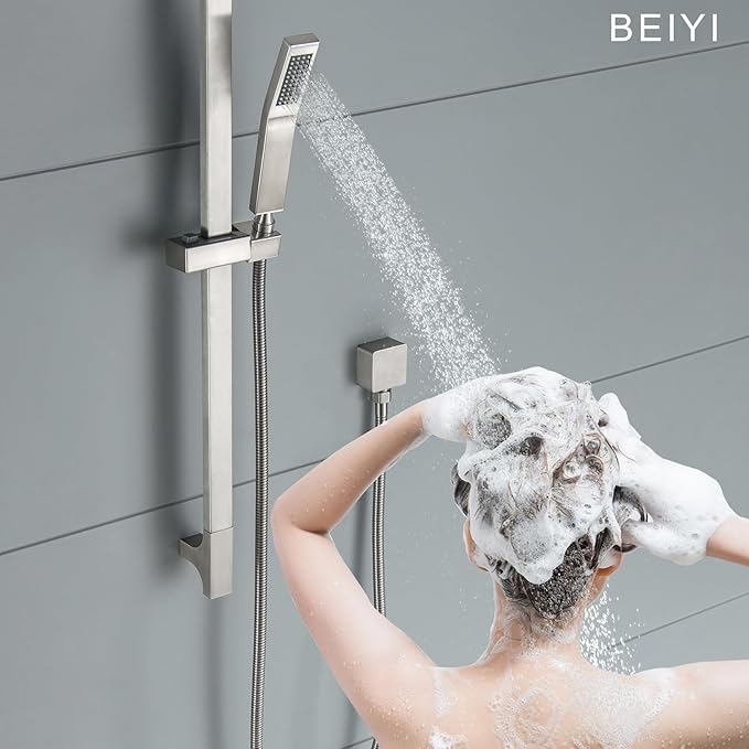 BElYl Shower Head with Slide Bar Brushed Nickel High Pressure Hand shower with Square 29" Long Slide Bar Adjustable Height Shower Head with Handheld Spray
