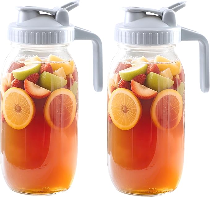 Glass Mason Jar Pitcher With Lid 64 Oz Wide Mouth Sun Tea Jar Half Gallon Cold Hot Water Pitcher 2 Quart Brew Coffee Jug Carafe For Fridge,Lemonade, Beverage,Milk,Juice Container 2 Set