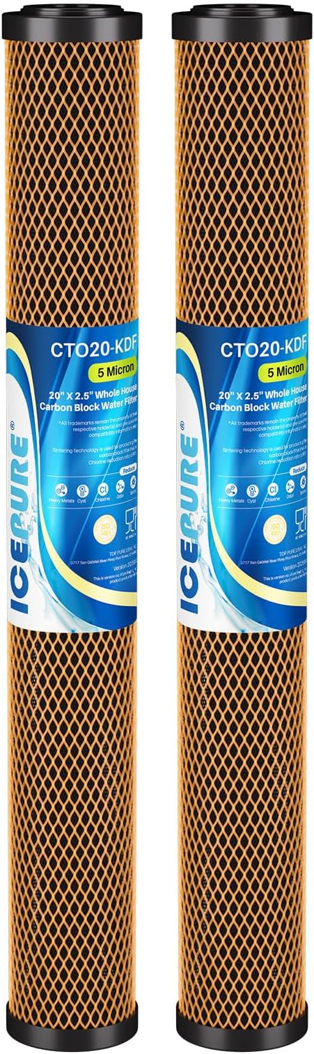 ICEPURE 5 Micron 20" x 2.5" Whole House Activated Carbon and KDF Water Filter Cartridge, Heavy Metal Removal Filter Replacement for EP-20, C1-20, F3WCB32, CTO20-KDF, 2PACK