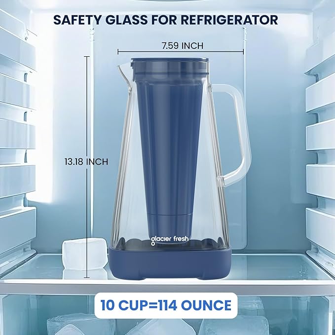 GLACIER FRESH 10 Cup Glass Water Pitcher with 1 Filter of 3X Flow Rate, Purela Glass Pitcher with 5-Stage Filtration Technology, Reduces 99% Chlorine and Improve Taste, Bpa Free, Blue