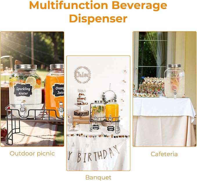 1 Gallon Glass Drink Dispensers, 2 Pack Clear Beverage Dispenser with Stand and Spigot for Parties, Drink Dispenser with Ice Core and Sticker for BBQ, Picnic, Lemonade Dispenser