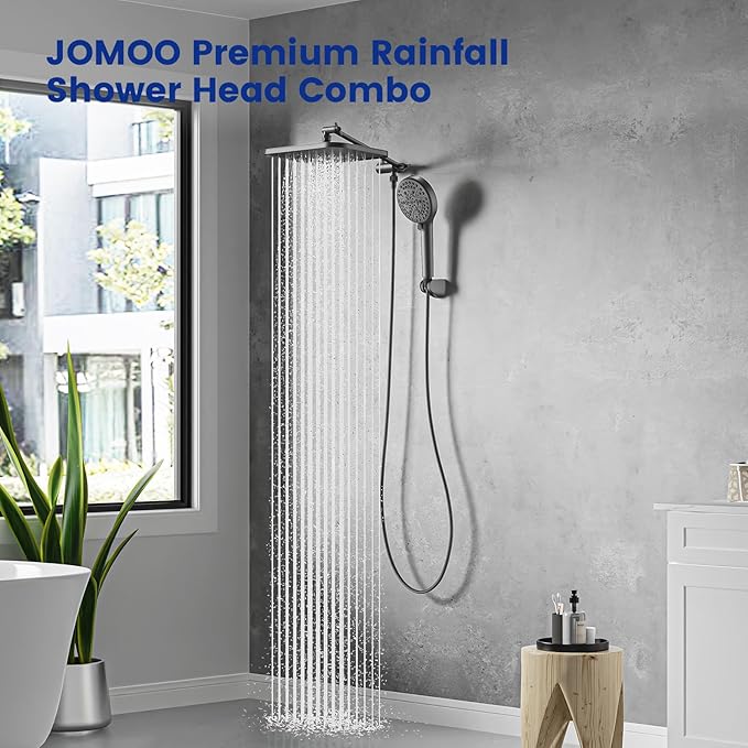 JOMOO Handheld Shower Head Combo, 10 Spray Modes High-Pressure Handheld Showerhead with 12" Square Rainfall Shower Combo, DOE Certified 2.5GPM Bathroom Filtered Shower Heads System, Matte Black
