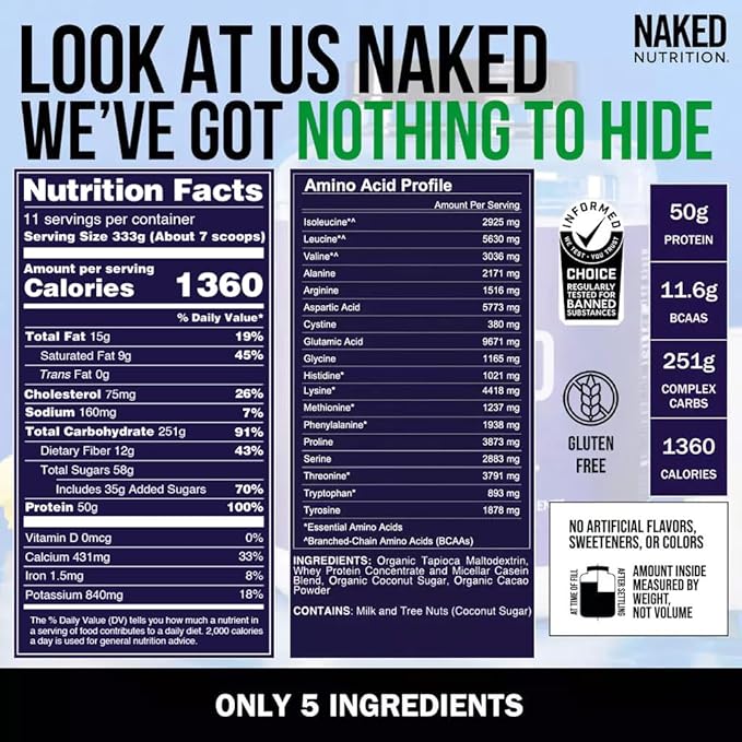 NAKED Chocolate Mass Gainer - All Natural Weight Gainer Protein Powder - 8lb Bulk, GMO Free, Gluten Free & Soy Free. No Artificial Ingredients - 1,360 Calories