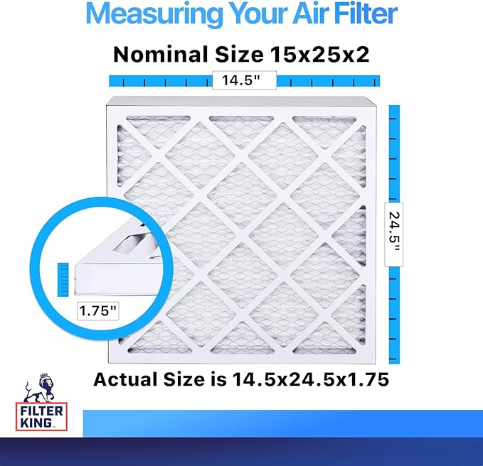 Filter King 15x25x2 Air Filter | 4-PACK | MERV 8 HVAC Pleated A/C Furnace Filters | MADE IN USA | Actual Size: 14.5 x 24.5 x 1.75"