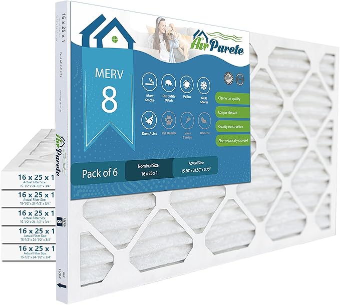 Furnace Filter 16x25x1 (Actual Size: 15.50" x 24.50" x 0.75") | Replacement for Pleated HVAC AC Furnace Air Filters | MERV 8 | Pack of 12