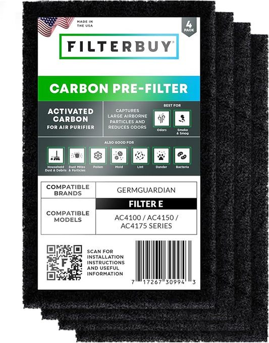 Filterbuy Activated Carbon Pre-Cut Filter E Replacement for GermGuardian Air Purifier (4-Pack, Made in USA)