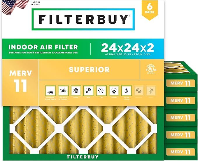 Filterbuy 24x24x2 Air Filter MERV 11 (MPR 1200) Allergen Defense Replacement (6-Pack), Electrostatic Pleated HVAC AC Furnace Filters, Made in USA (Actual Size: 23.38 x 23.38 x 1.75)