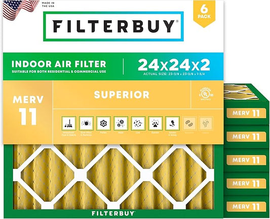 Filterbuy 24x24x2 Air Filter MERV 11 (MPR 1200) Allergen Defense Replacement (6-Pack), Electrostatic Pleated HVAC AC Furnace Filters, Made in USA (Actual Size: 23.38 x 23.38 x 1.75)