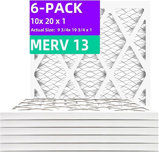 10x20x1 MERV 13 (6-Pack) Pleated Air Filter (Actual Size: 9.75" x 19.75" x 0.75") MPR 1900 & FPR 10, Furnace Air Filters 10x20x1 Air Filter