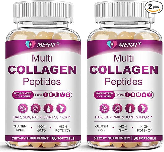 Multi Collagen Peptides Softgel for Women & Men - Type I, II, III, V, X - Hydrolyzed Collagen Peptides with Biotin, Vitamin C & Hyaluronic Acid - Support Skin Hair Nail & Joint - Non GMO, 120 Softgel