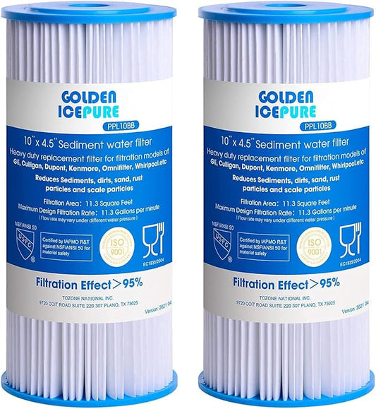 GOLDEN ICEPURE PPL10BB, 5 Micron 10" x 4.5" Whole House Sediment Pleated Water Filter, Compatible with DuPont WFHDC3001, GE FXHSC, Culligan R50-BBSA, R50-BB, W50PEHD, GXWH40L, CP5-BBS 2-PACK