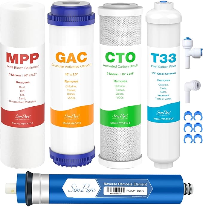 SimPure 5-Stage Reverse Osmosis Replacement Filter Set with 75 GPD RO Membrane, 5pc Pre & Post Replacement Cartridge Pack Kit for Standard 5-Stage Reverse Osmosis RO Systems