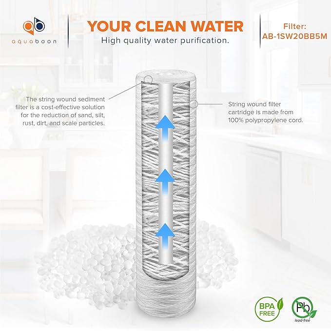 Aquaboon 5 Micron 20 x 4.5 Whole House String Wound Water Filter Replacement Cartridge for Well Water Filtration Compatible with WP5BB20P, 4-Pack