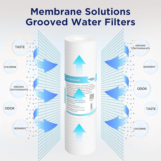 Membrane Solutions Grooved Sediment Water Filter Cartridge (Pack of 6), 5 Micron Whole House Water Filter Universal Replacement 10"x2.5" for 10 inch RO Unit, Whole House Under-Sink Filtration System