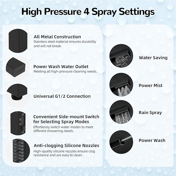 Hibbent All Metal 8'' Rainfall Shower Head, Square Shower Head Combo, High Pressure Handheld Shower Wand, 4 Sprays, 16'' Adjustable Arc-shaped Extension Arm, 71'' Hose, Showerhead Holder, Matte Black