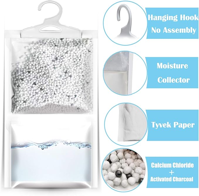 ZSZMFH 6 Pack Moisture Absorber & Max Odor Eliminator Hanging Bag, Charcoal Smell Remove Damp Musty Smell,Hanging Closet Dehumidifier Bags with 25g of Activated Charcoal (220g/pack)…