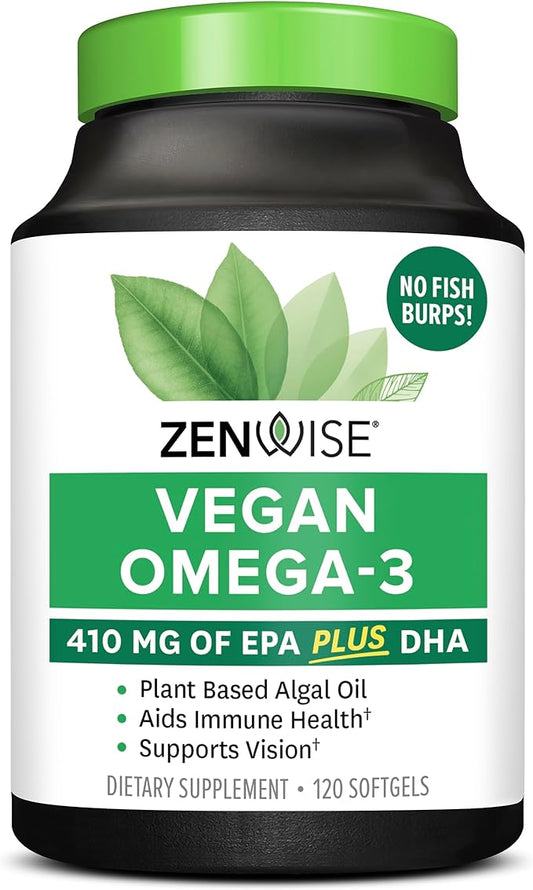 Zenwise Health Vegan Omega 3 Supplement - Burpless Omega 3 Supplement with DHA, EPA & DPA Fatty Acids for Immune Health - Fish Oil Alternative from Sustainably Sourced Marine Algae Oil - 120 Softgels