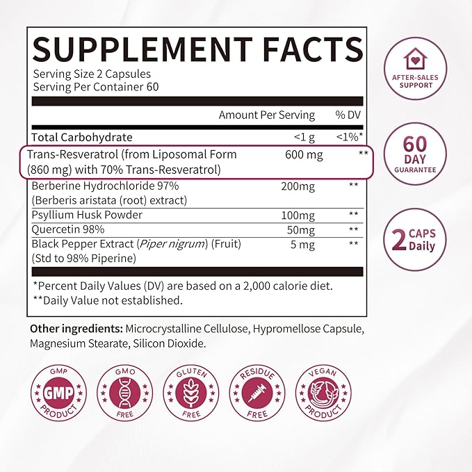 Resveratrol Supplement, 98% Pure Trans Resveratrol 600mg with Liposomal Delivery - Supports Antioxidant, Cholesterol Health, Heart Health, Energy - Vegan, 60 Capsules
