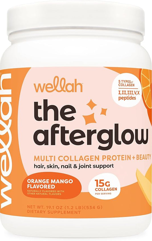 Wellah The Afterglow Multi Collagen Protein + Beauty (30 Servings, Orange Mango) - Hair, Skin, Nail & Joint Support - Non-GMO and Gluten Free