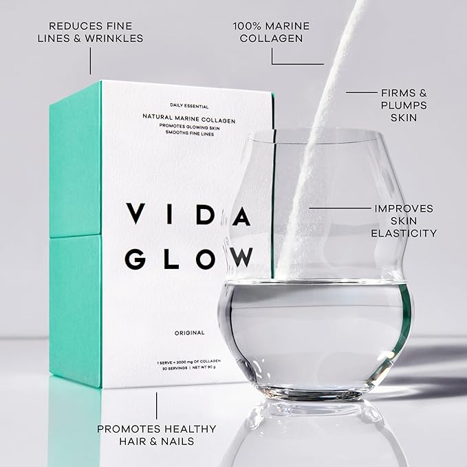 Vida Glow Marine Collagen Powder - Anti Aging Supplement with Collagen Peptides, Promotes Glowing Skin, Strong Nails, Healthy Hair | 30 Servings, Original Flavor