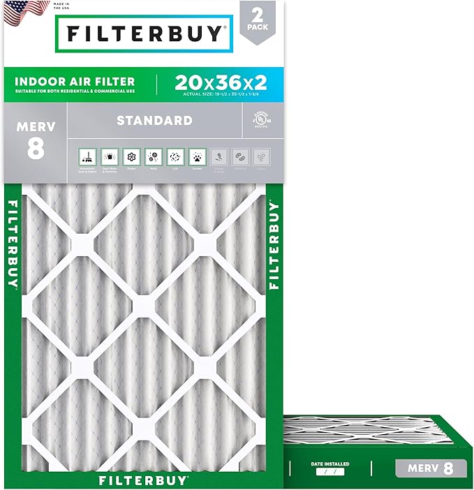 Filterbuy 20x36x2 Air Filter MERV 8 (MPR 700) Dust Defense Replacement (2-Pack), Electrostatic Pleated HVAC AC Furnace Filters, Made in USA (Actual Size: 19.50 x 35.50 x 1.75)