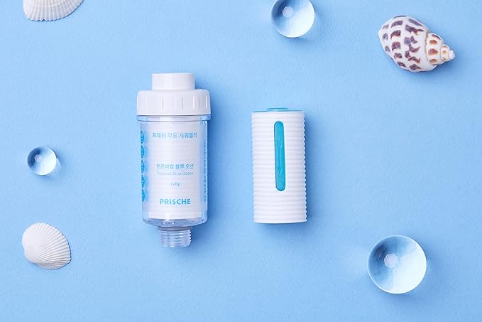 HubiCare Shower Infuser - Vitamin C Shower Head Filter, Hard Water Softener, Chlorine & Fluoride Shower Filter, Water Purifying Filtered Shower Head with Beads (Tropical Blue Ocean Refill)