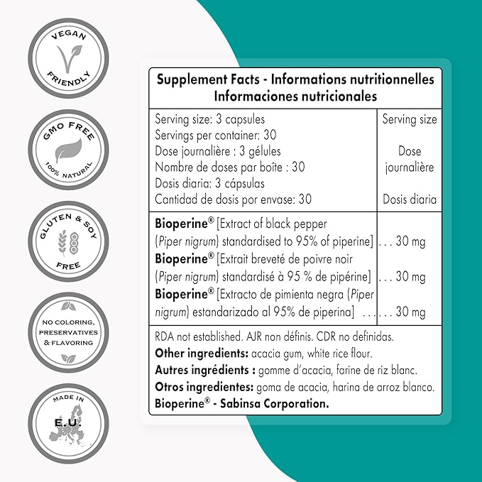 SuperSmart Bioperine 30mg per Day (95% Piperine) - Black Pepper Extract Supplement - Absorption Enhancer - Digestive Enzymes Support | Non-GMO & Gluten Free - 90 Vegetarian Capsules