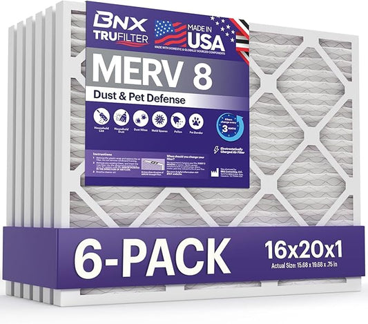 BNX TruFilter 16x20x1 Air Filter MERV 8 (6-Pack) - MADE IN USA – Dust & Pet Defense Electrostatic Pleated Air Conditioner HVAC AC Furnace Filters for Dust, Pet, Mold, Pollen MPR 600 – 700 & FPR 5